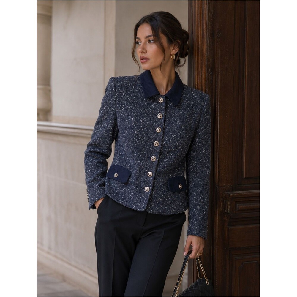 Vintage Louis Feraud Navy Tweed Button-Front Blazer with Contrast Trim Twee 4